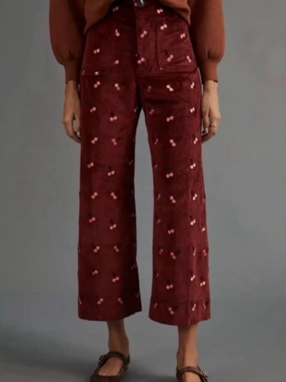 Maeve Colette Crop Wide-Leg Cherry-Embroidered Corduroy Pants